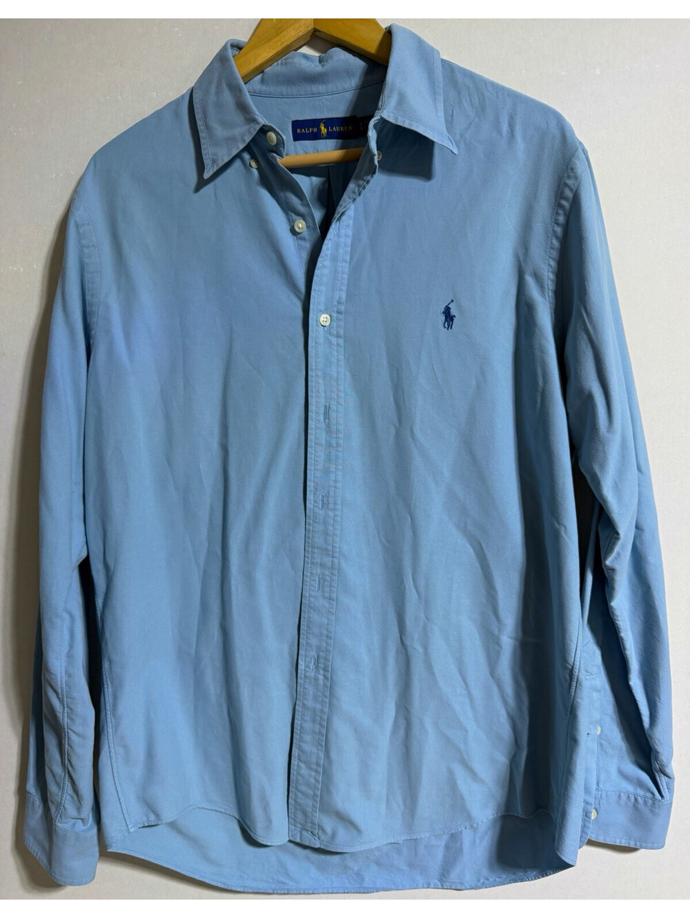 Ralph Lauren Classic Fit Men's L Blue Solid Cotton Woven Polo Pony Button-Up